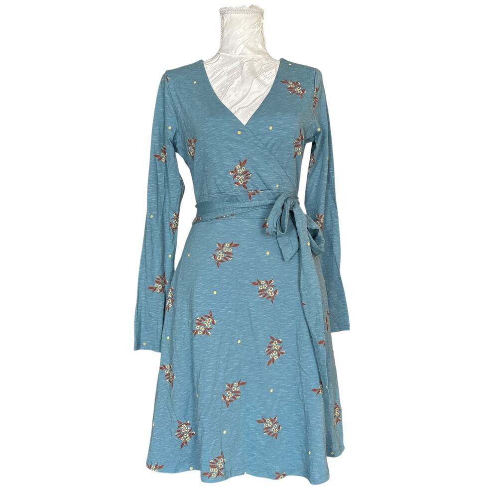 Dusty Blue Floral Ditsy Print Long Sleeve Wrap Midi Dress Pockets Tencel Small